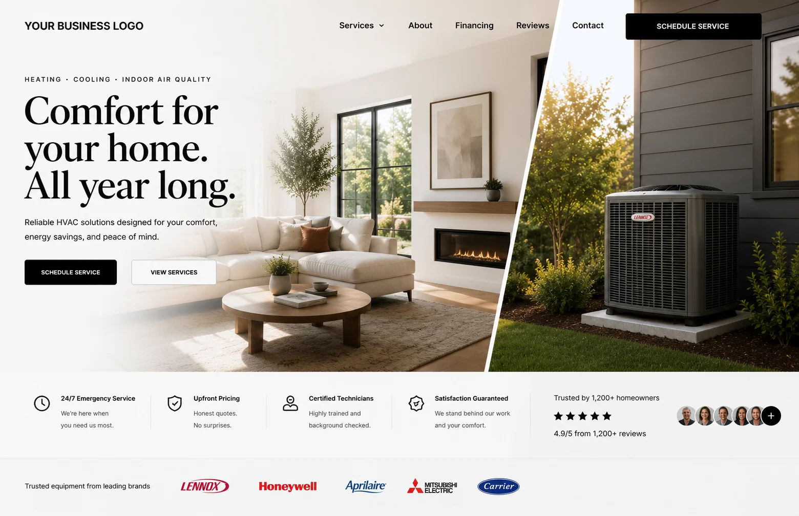 A home-services landing page: a headline reading “Comfort for your home. All year long.” over a photograph of a living room and an outdoor air-conditioning unit, with Schedule Service and View Services buttons, a row of four trust points, a 4.9-star rating from 1,200+ reviews, and a strip of equipment brands.